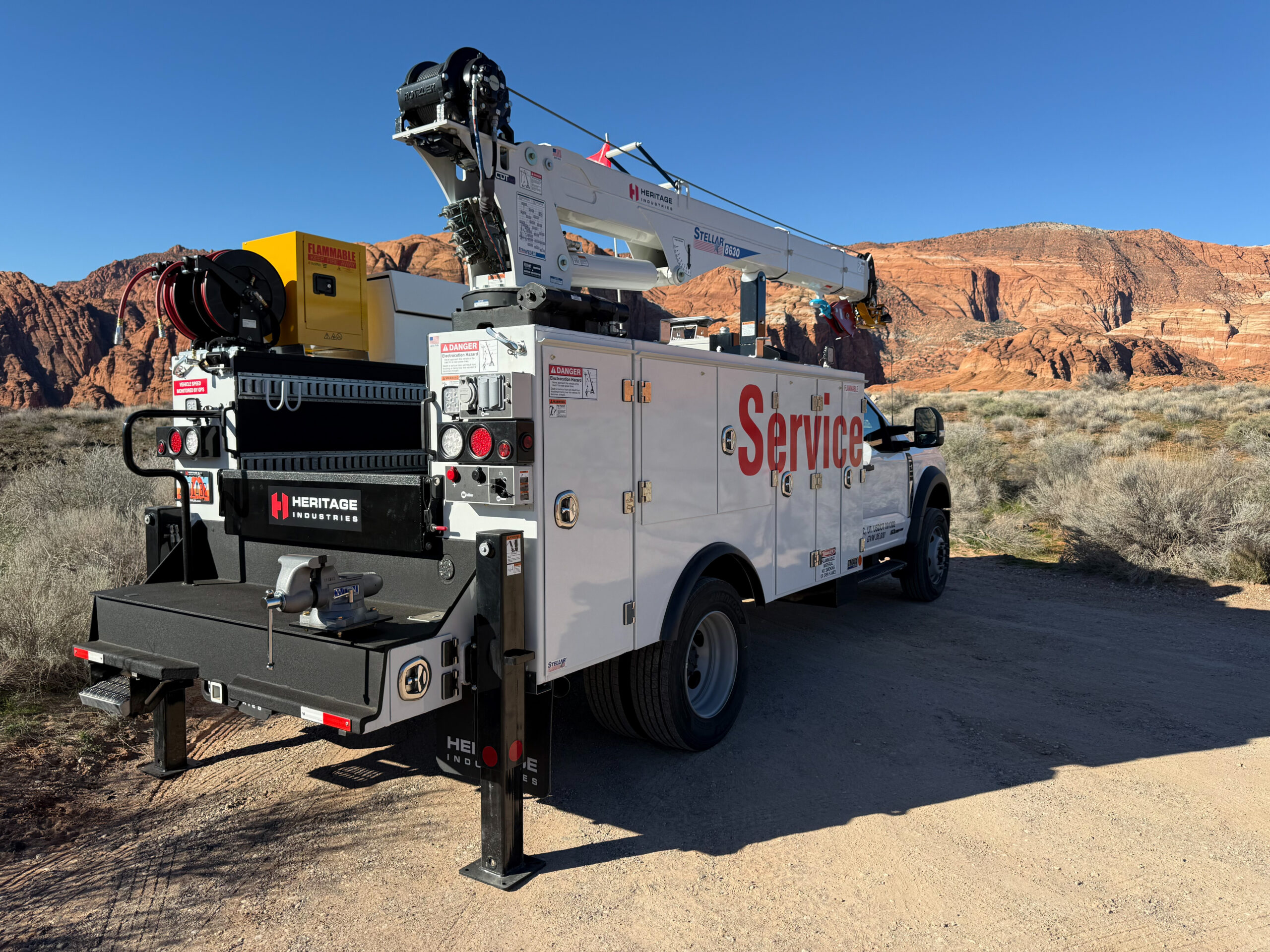 stellar-steel-service-body-crane-mount-utah.jpg Stellar steel service body with integrated crane mount on a dual rear wheel chassis